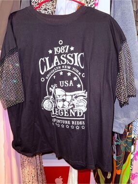 Classic 1987 Motorcycle Graphic Tee with Rhinestone Sleeves